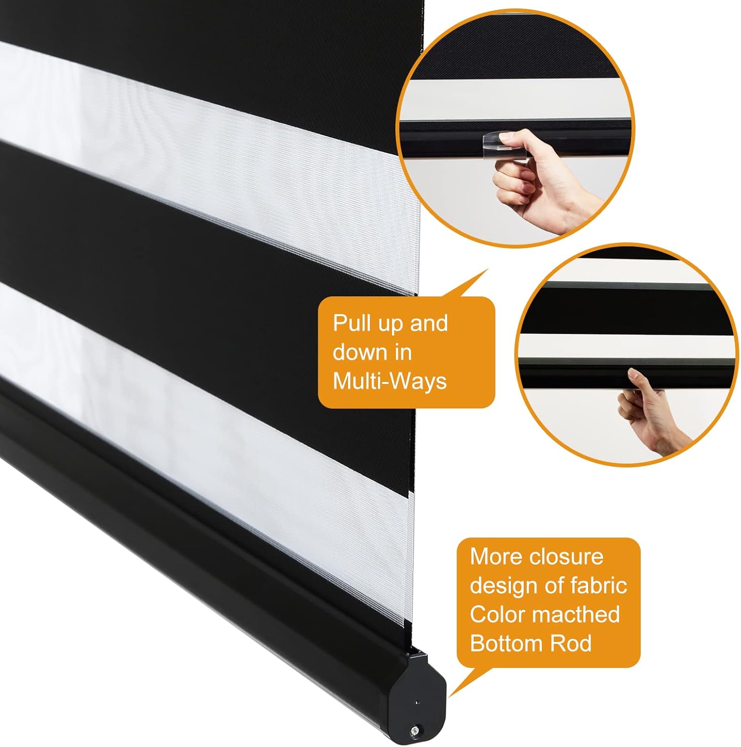 Persilux Persianas estilo cebra sin cordones para ventanas (58 pulgadas de ancho x 72 pulgadas de alto, negro) enrollables, de doble capa con