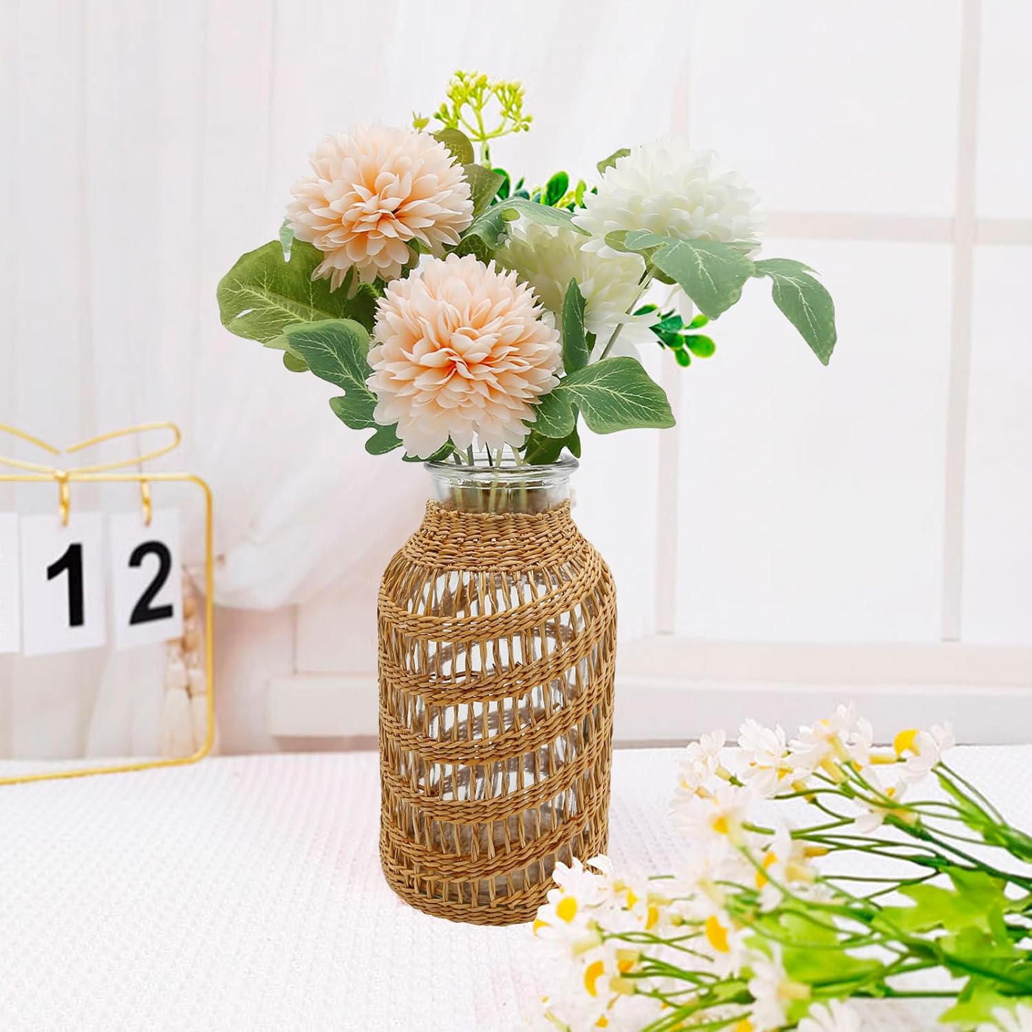 Florero rústico bohemio con botella de vidrio con red de cuerda, florero con cubierta de ratán, florero de flores de granja con decoración redonda
