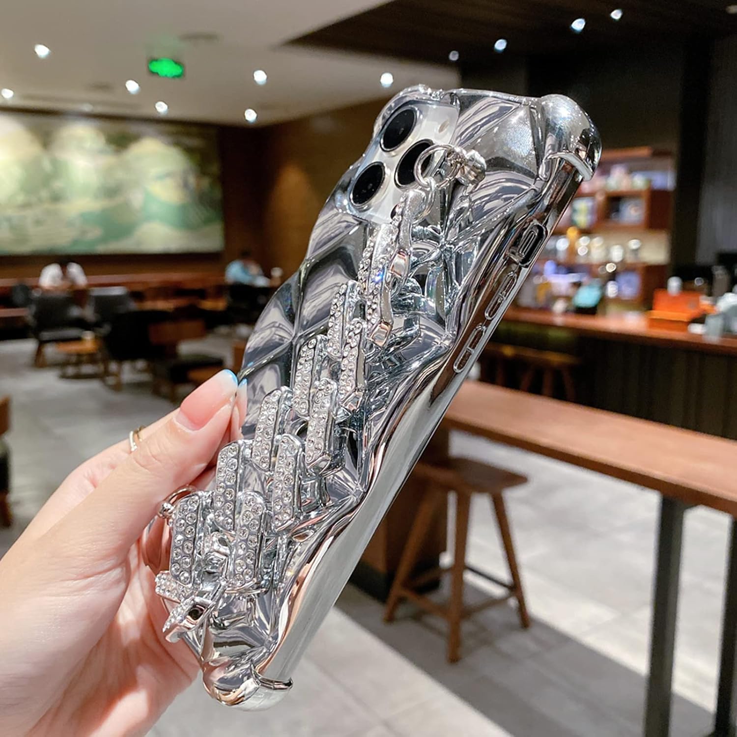 aowner Funda compatible con iPhone 15 Pro, correa de mano de lujo para mujeres y niñas, soporte de muñeca de cristal de diamante con purpurina 3D,