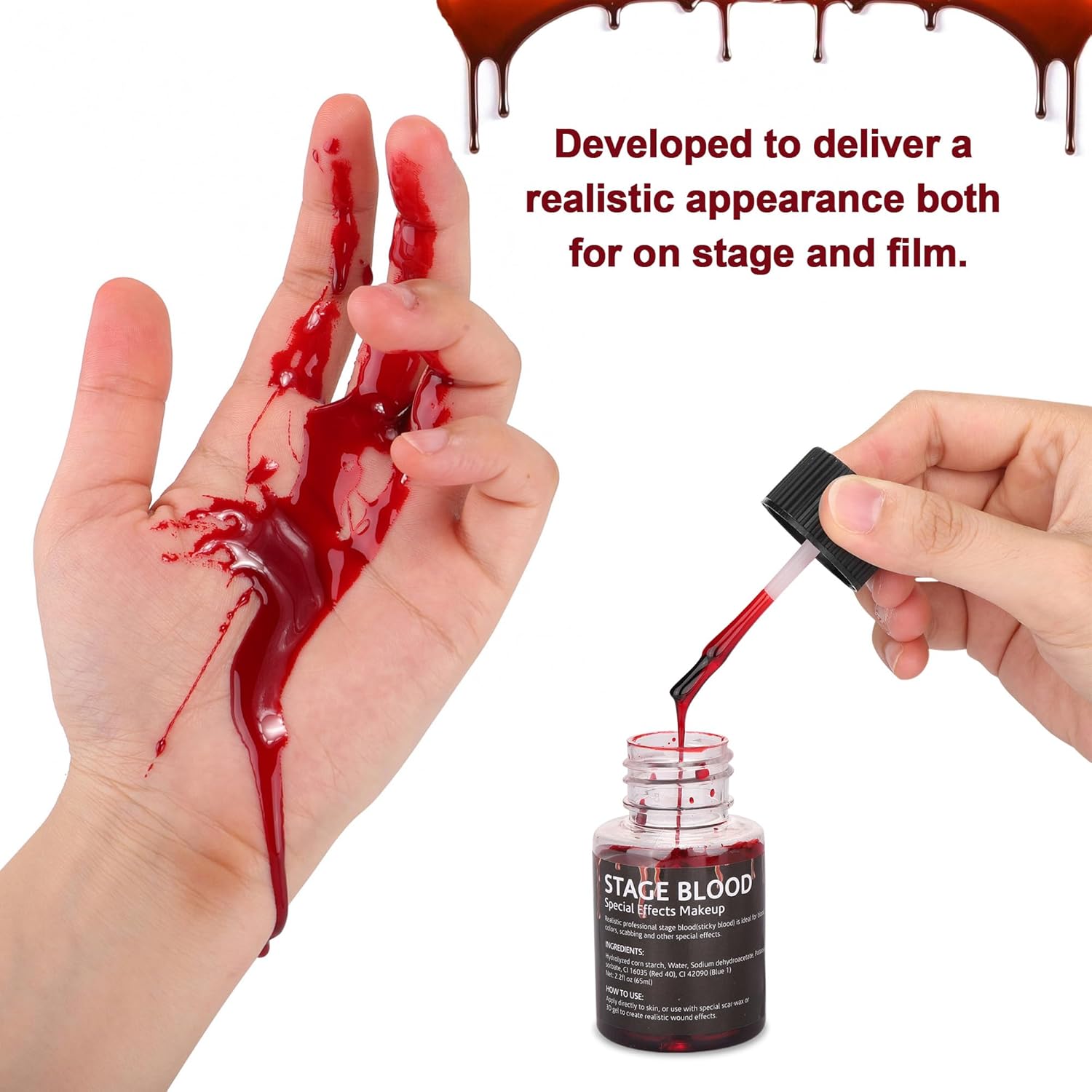 Sangre falsa de escenario, 2.2 oz de sangre falsa comestible efecto realista, maquillaje de sangre pegajosa para ojos, goteos, dientes, boca, nariz,