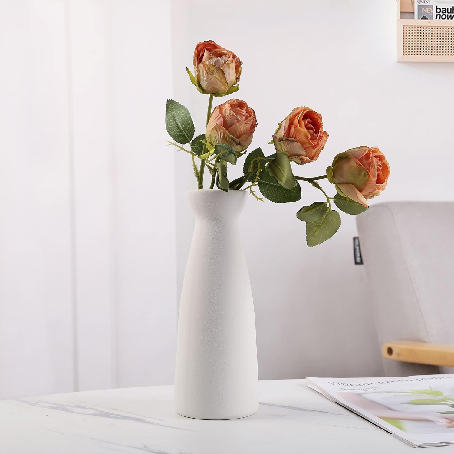 Jarrón de cerámica blanca, jarrón minimalista moderno, jarrón de cerámica blanca de hierba de las pampas, jarrón decorativo moderno, estilo bohemio