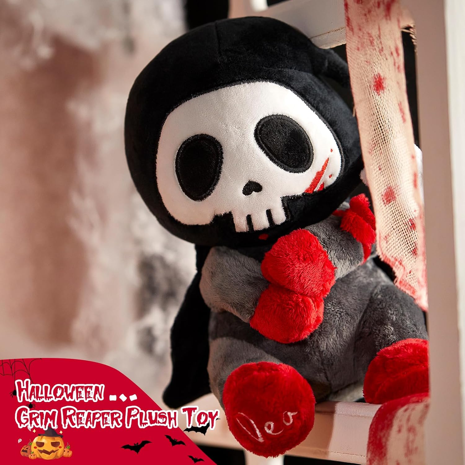 Otto Reaper – Juguete de peluche de 10 pulgadas, calavera de Halloween con capa negra y guadaña desmontable, divertida muñeca de Halloween, calavera