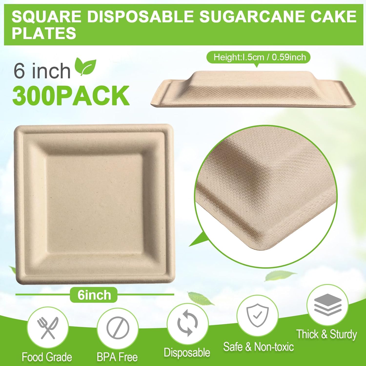Zhehao Paquete de 300 platos cuadrados de papel desechables resistentes, platos cuadrados elegantes de caña de azúcar, platos de fiesta para