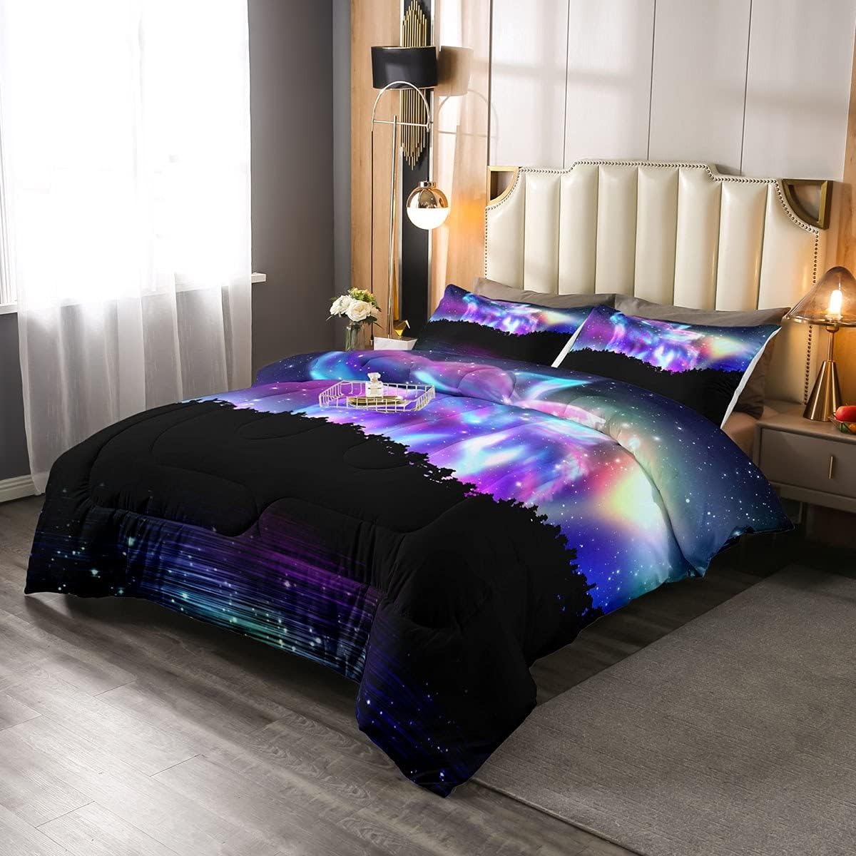 Juego de edredón de lobo galaxia, juego de ropa de cama con luz del norte, para niños, niñas, adolescentes, cielo estrellado, aurora, decoración de