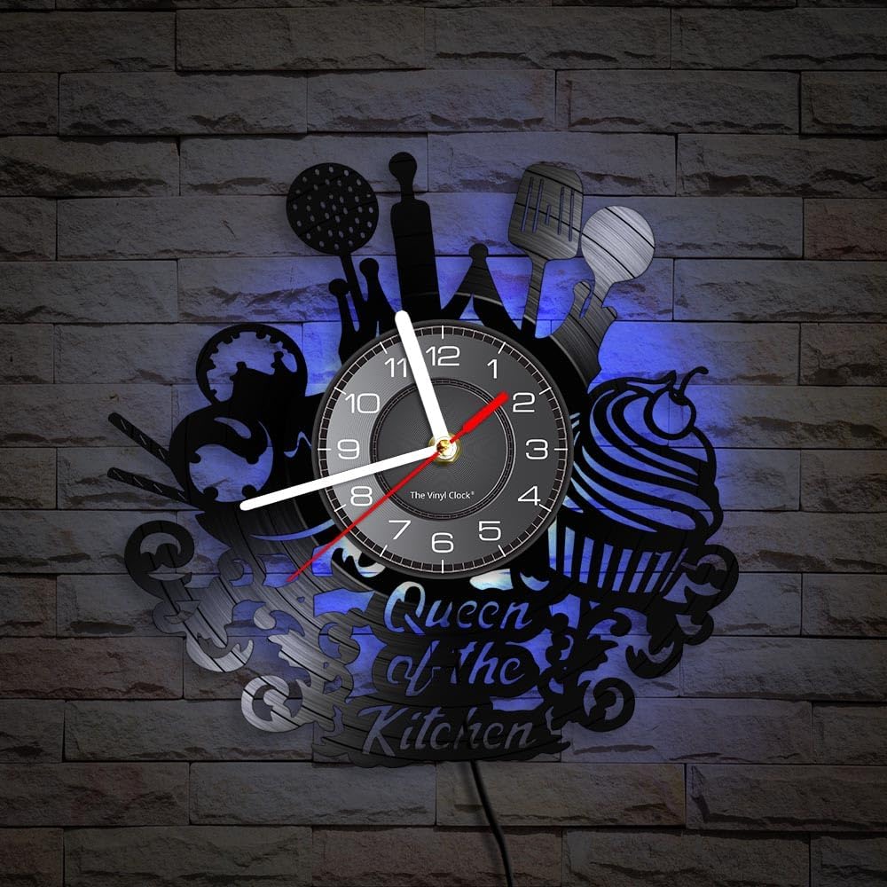 Reloj de pared de disco de vinilo de cocina de 12 pulgadas con 7 modos luminosos, moderno, decorativo, silencioso, de cuarzo, sin tictac, negro,