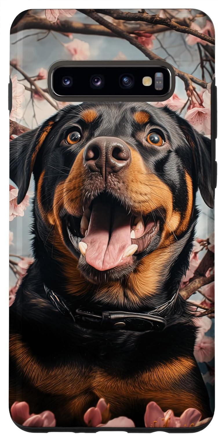 Cara de perro Rottweiler Galaxy S10+ con estuche de pintura de flor de cerezo