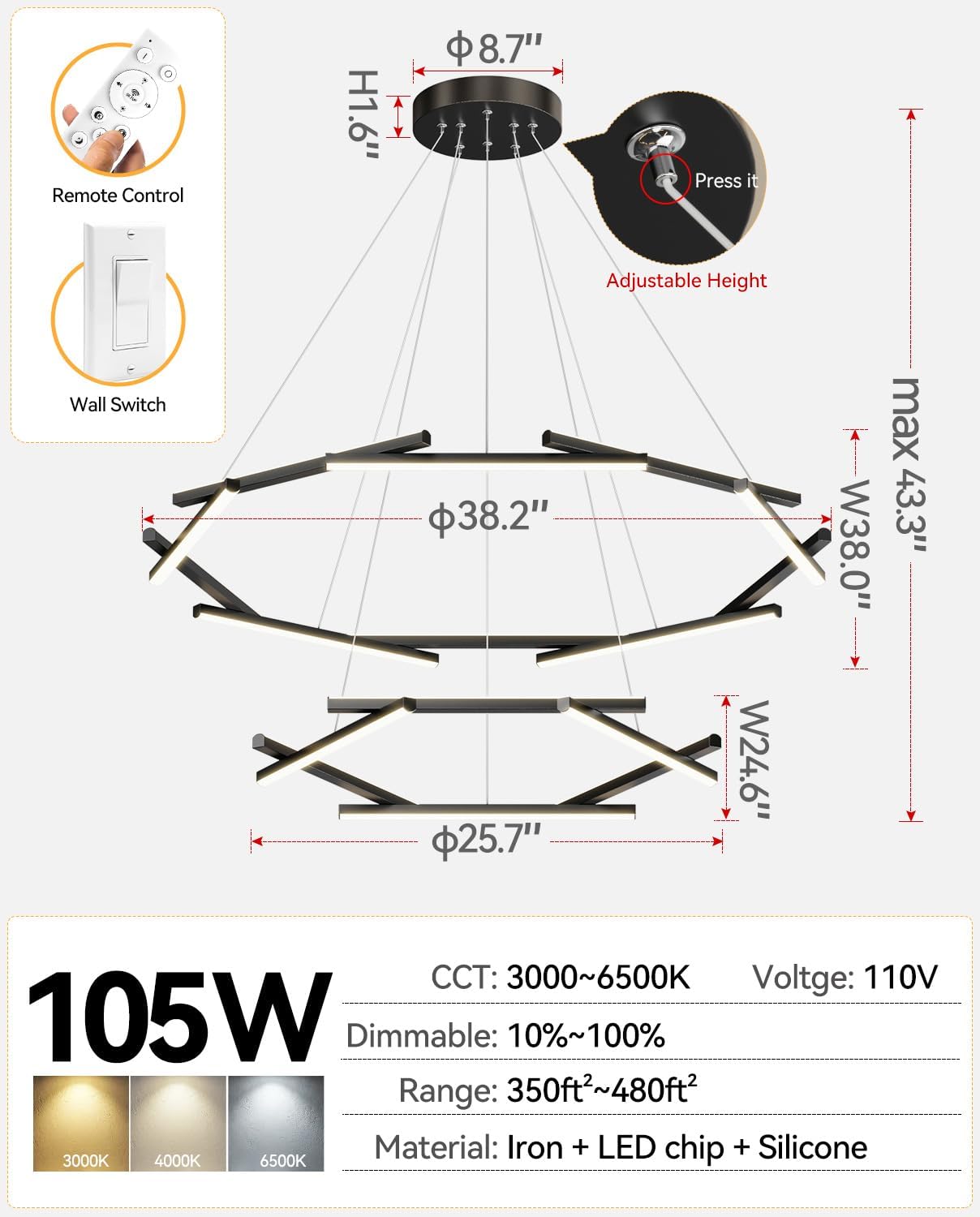 JFHTNFJ Candelabro LED moderno de 38.2 pulgadas, lámpara de araña regulable de 2 anillos con control remoto, 16 luces colgantes para cocina, isla,