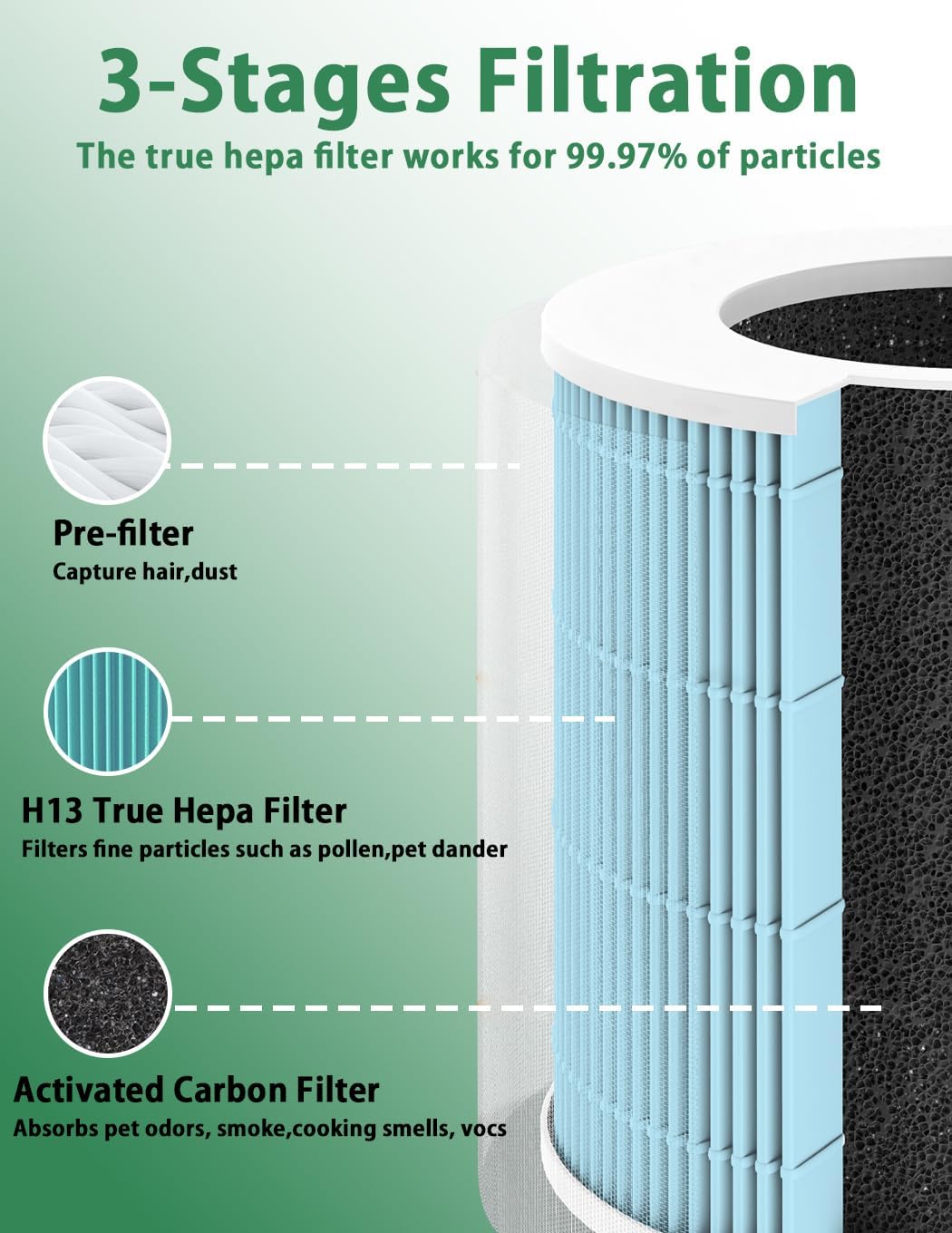BBT BAMBOOST Filtro HEPA H201 compatible con TEC.Bean JH50G-M y Homvana H201 purificador de aire, H13 3 en 1 True HEPA y filtro de carbón activado
