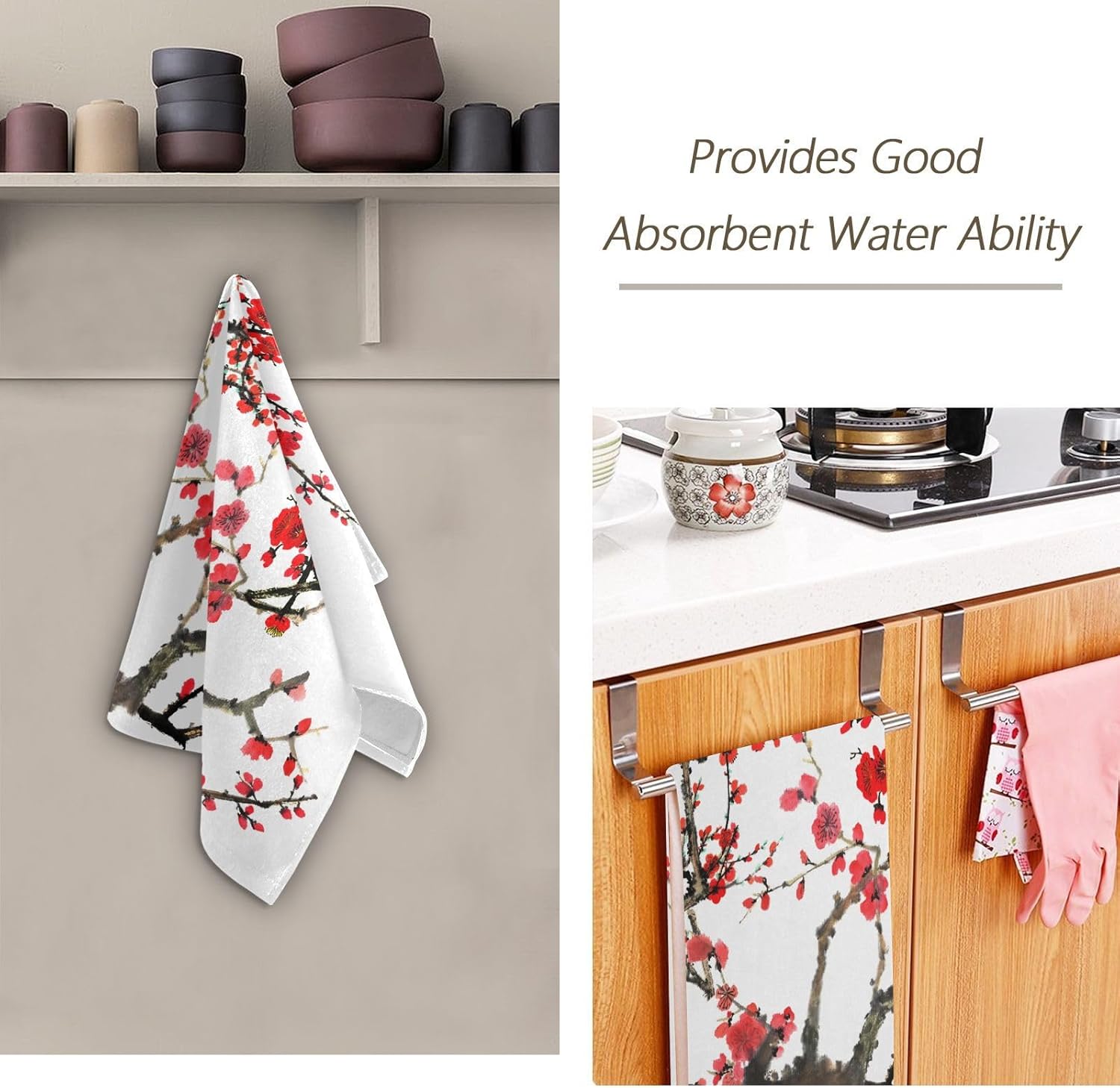 HATESAH Paquete de 2 toallas de mano con diseño de flor de cerezo rojo, toallas de baño absorbentes de microfibra asiática japonesa con tinta de