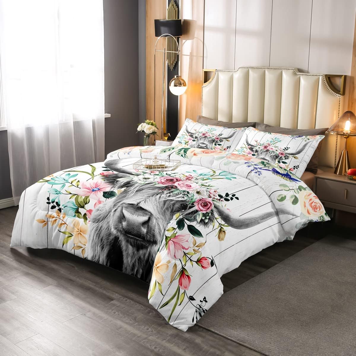 Juego de edredón de flores de vaca de las tierras altas, juego de ropa de cama de ganado toro, decoración occidental, divertido edredón de animales