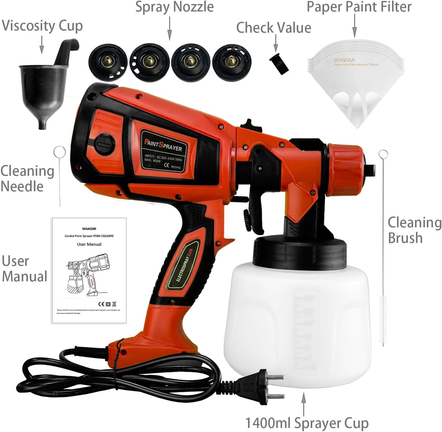 WANGMI Pulverizador de pintura eléctrico con cable, 220 V, 850 W, 5 pies, pintor en aerosol con recipiente de 44.0 fl oz, 5 boquillas de latón, 3