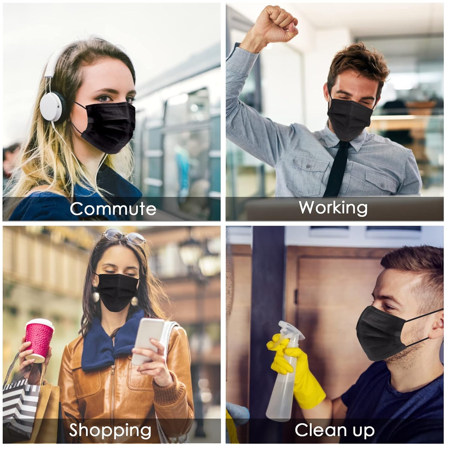 100 máscaras faciales desechables negras con lazo elástico para las orejas, transpirabilidad y comodidad