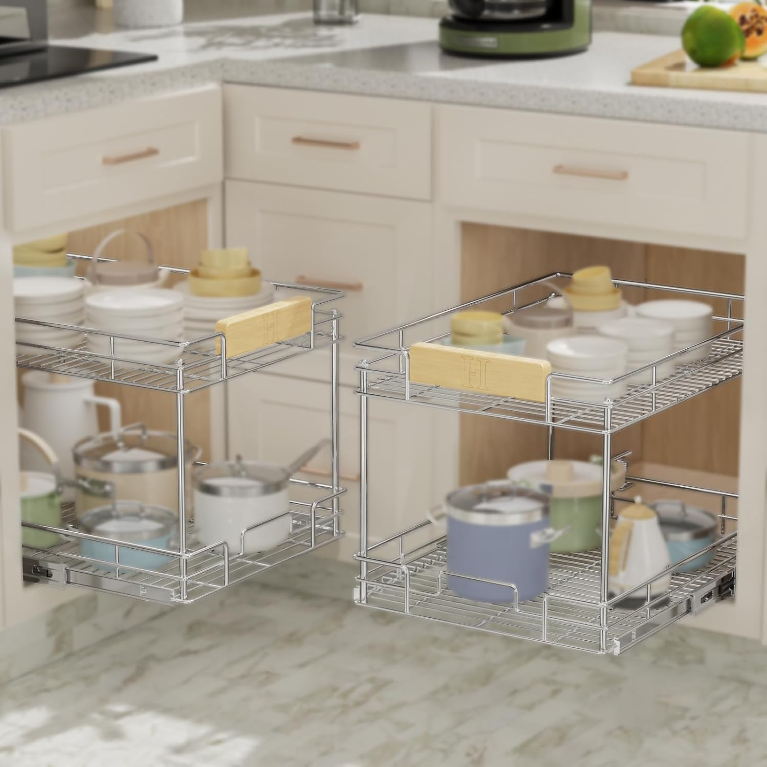ROOMTEC Organizador de gabinete extraíble con mango de madera, 13 pulgadas de ancho x 21 pulgadas de profundidad, 2 niveles para cajones de