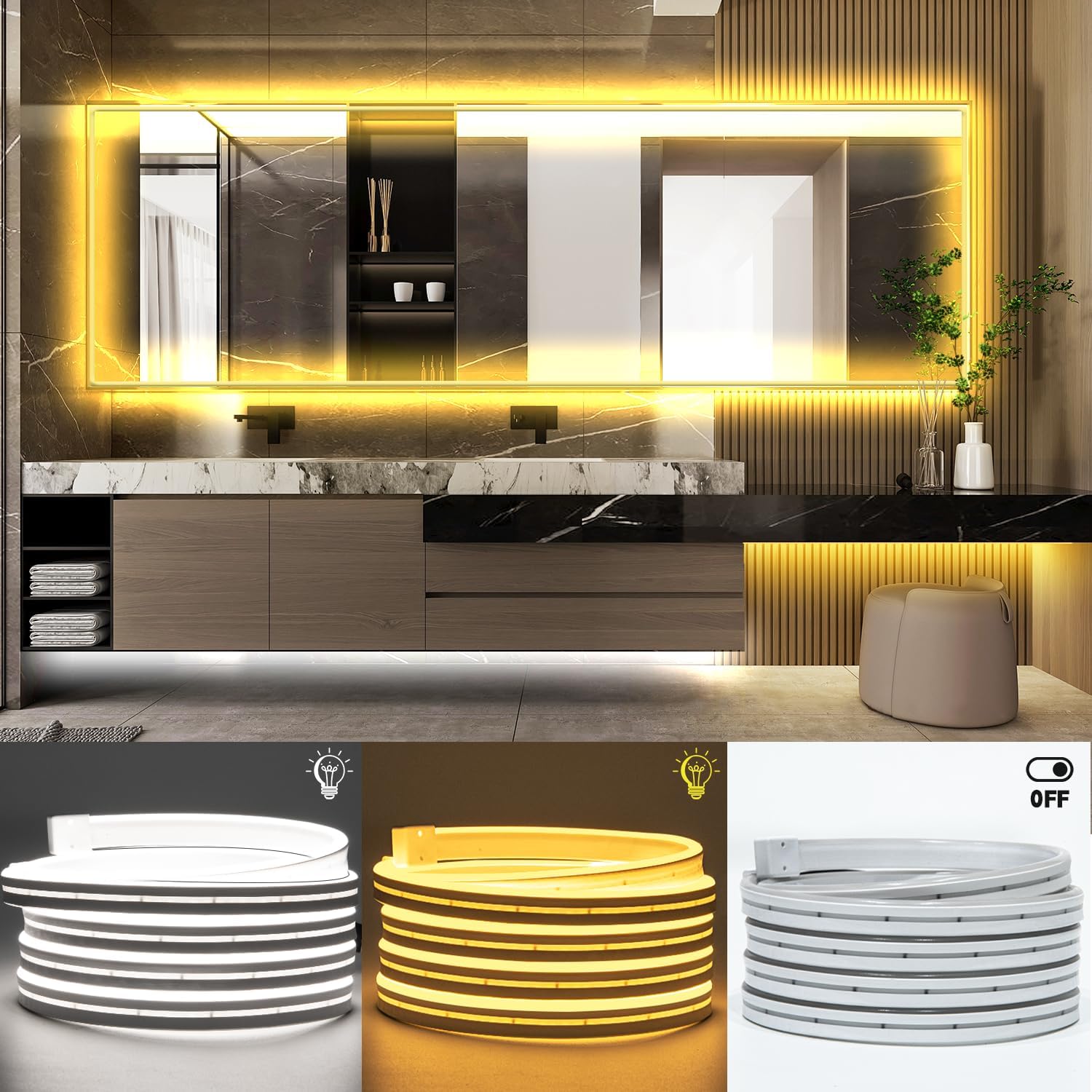 Tira de luces LED, 3000K-6000K blanco sintonizable, tira de luces LED de neón de 10 pies, cinta LED brillante regulable, adhesivo fuerte 3M, luces