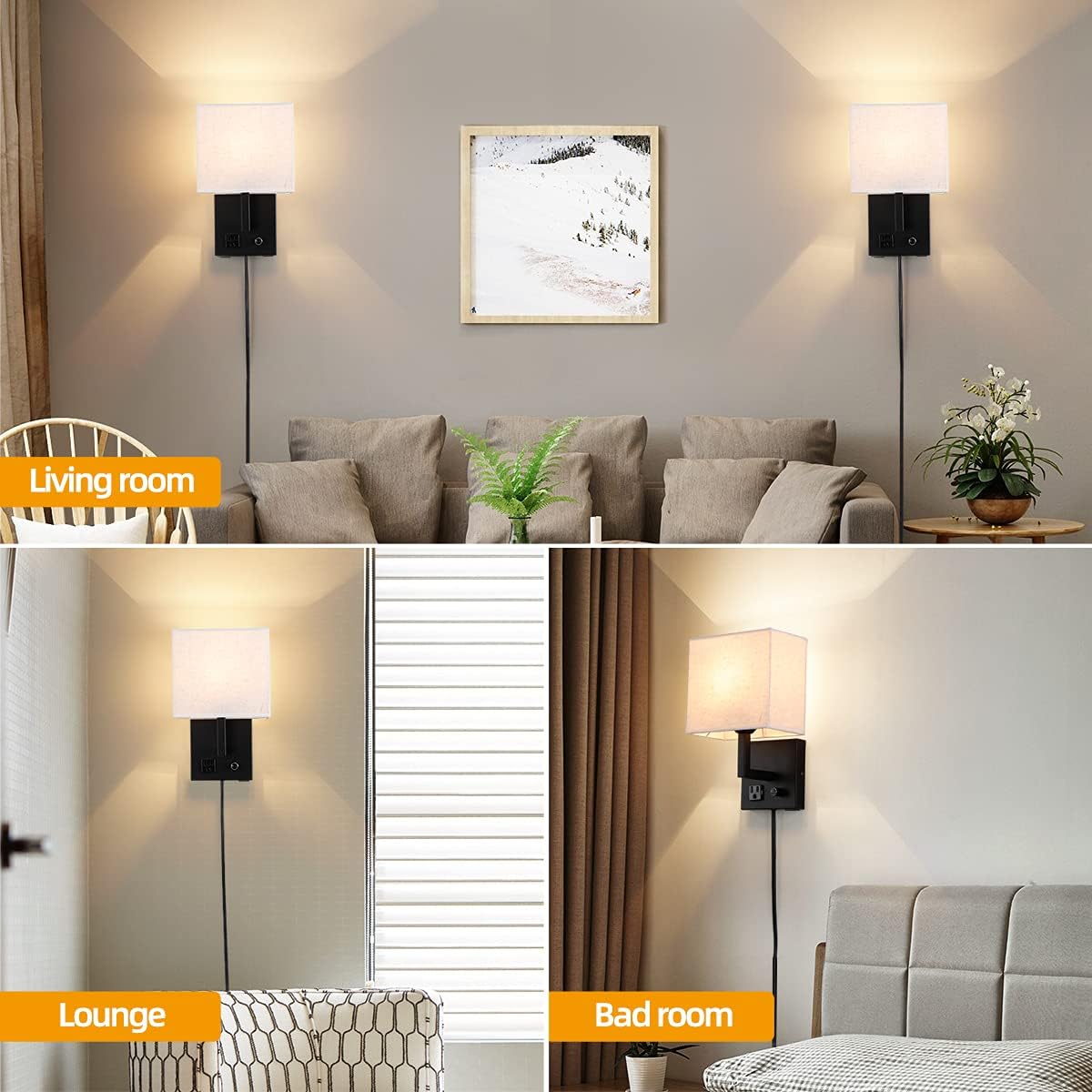 Aplique de pared enchufable, lámpara de pared de cabecera con enchufe e interruptor regulable, con puerto de carga USB y enchufe, adecuado para