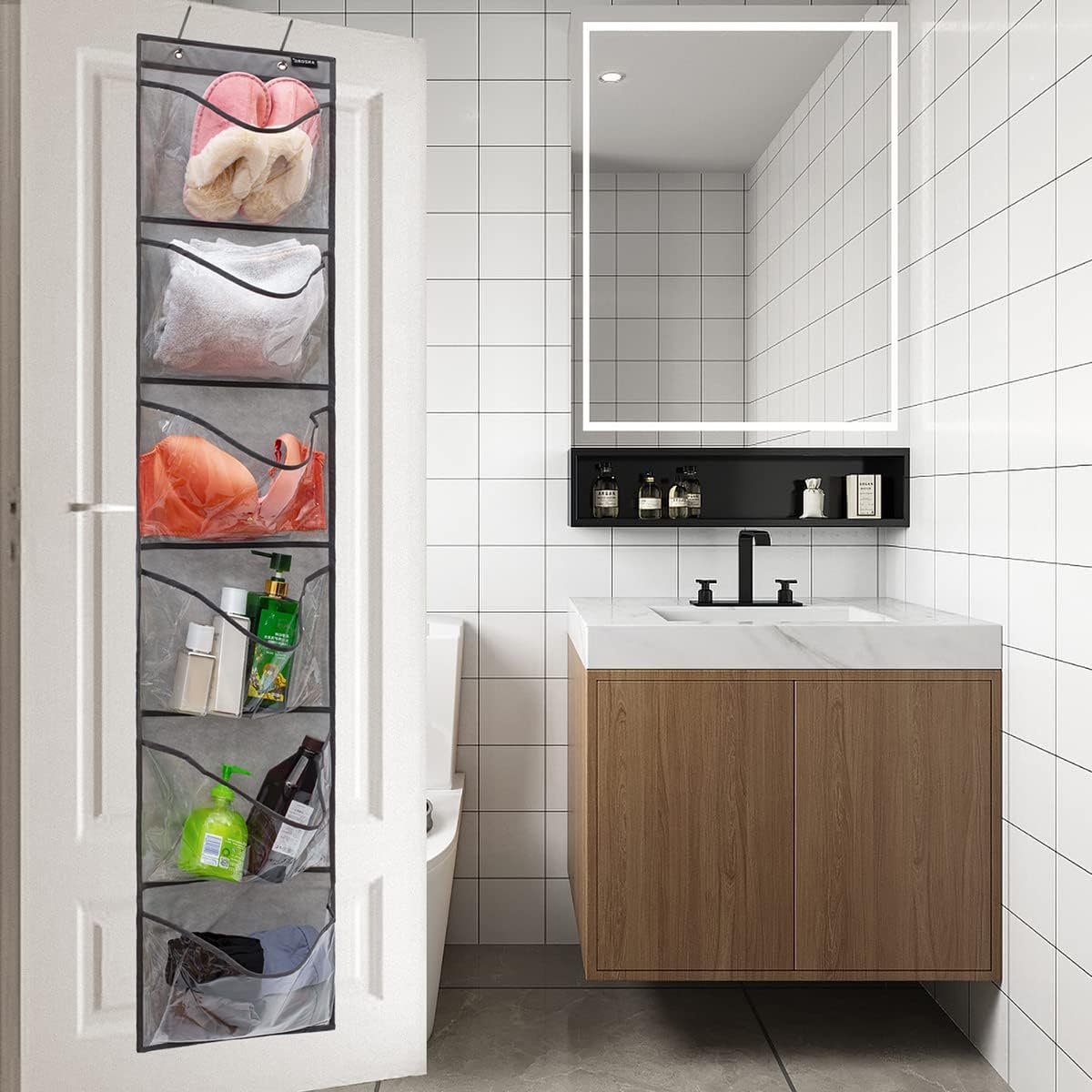 Organizador de zapatos con bolsillos extra grandes para armario sobre la puerta estrecha para colgar zapatos (6 bolsillos grandes, gris)