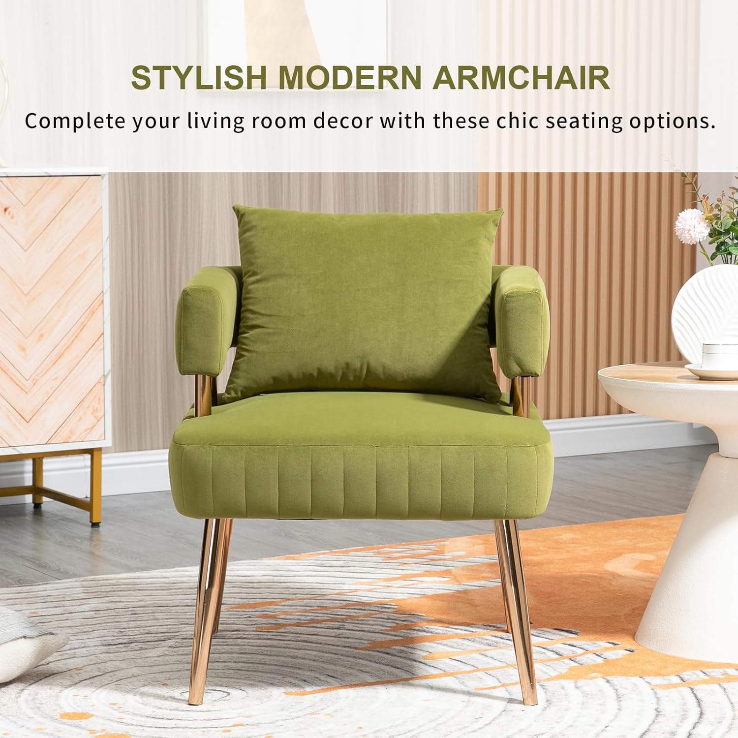 Sillón moderno y decorativo, cómodo sillón tapizado de terciopelo con almohada, respaldo abierto con patas doradas, sillón de lectura para sala de