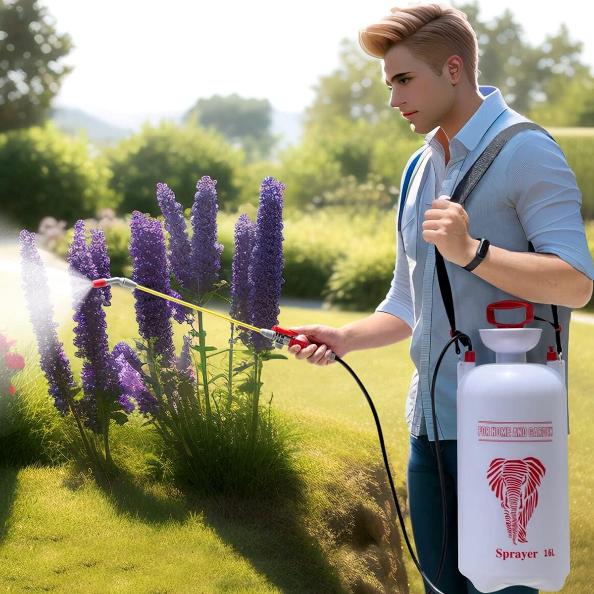 CLICIC Pulverizador portátil de 4 galones (16L) para césped y jardín con cuatro postes de pulverización con un total de 52 pulgadas de longitud