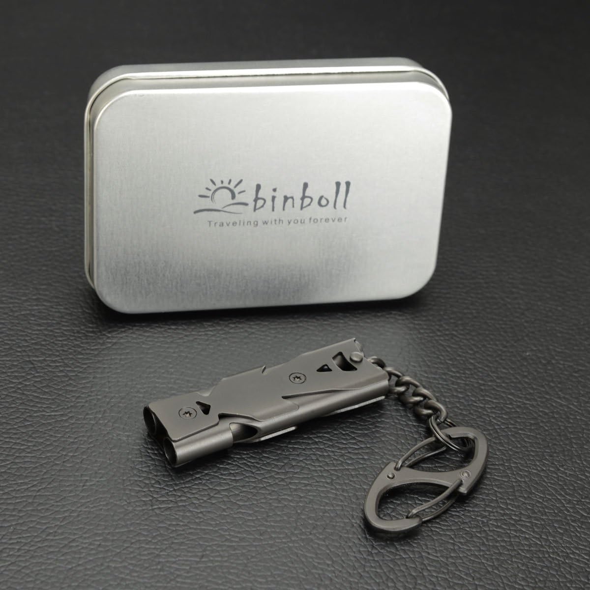 Silbato de emergencia, llavero silbato de violación, silbatos de alta decibelión de acero inoxidable (silbato de tubos dobles  pistola, 2 unidades)