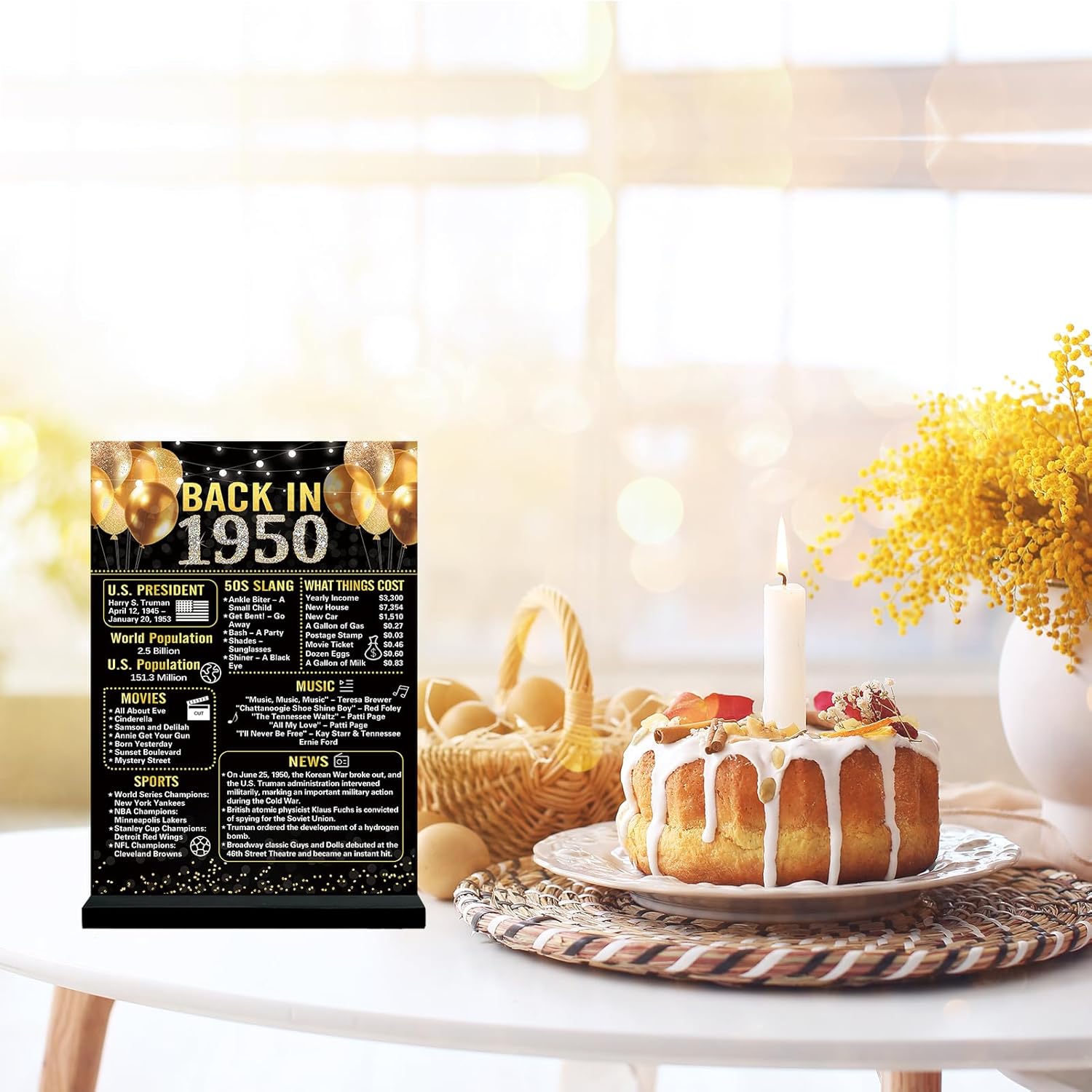Trgowaul Decoración de aniversario de cumpleaños número 75 para mujeres y hombres, póster de cumpleaños de color negro dorado en el año 1950,