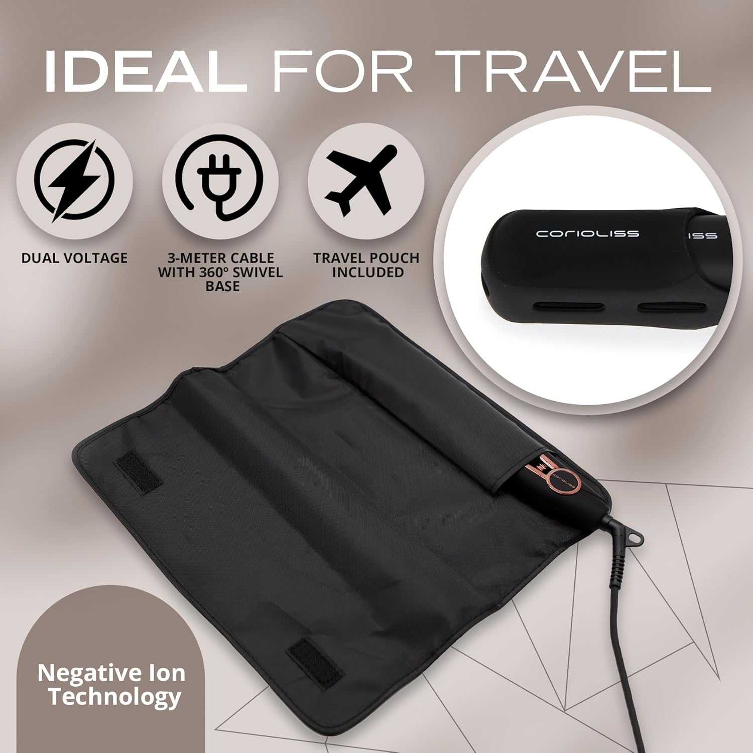 Corioliss Plancha de pelo C1 Plancha Profesional de Titanio Placas de Control de Temperatura Estuche de Viaje (Negro Suave al Tacto
