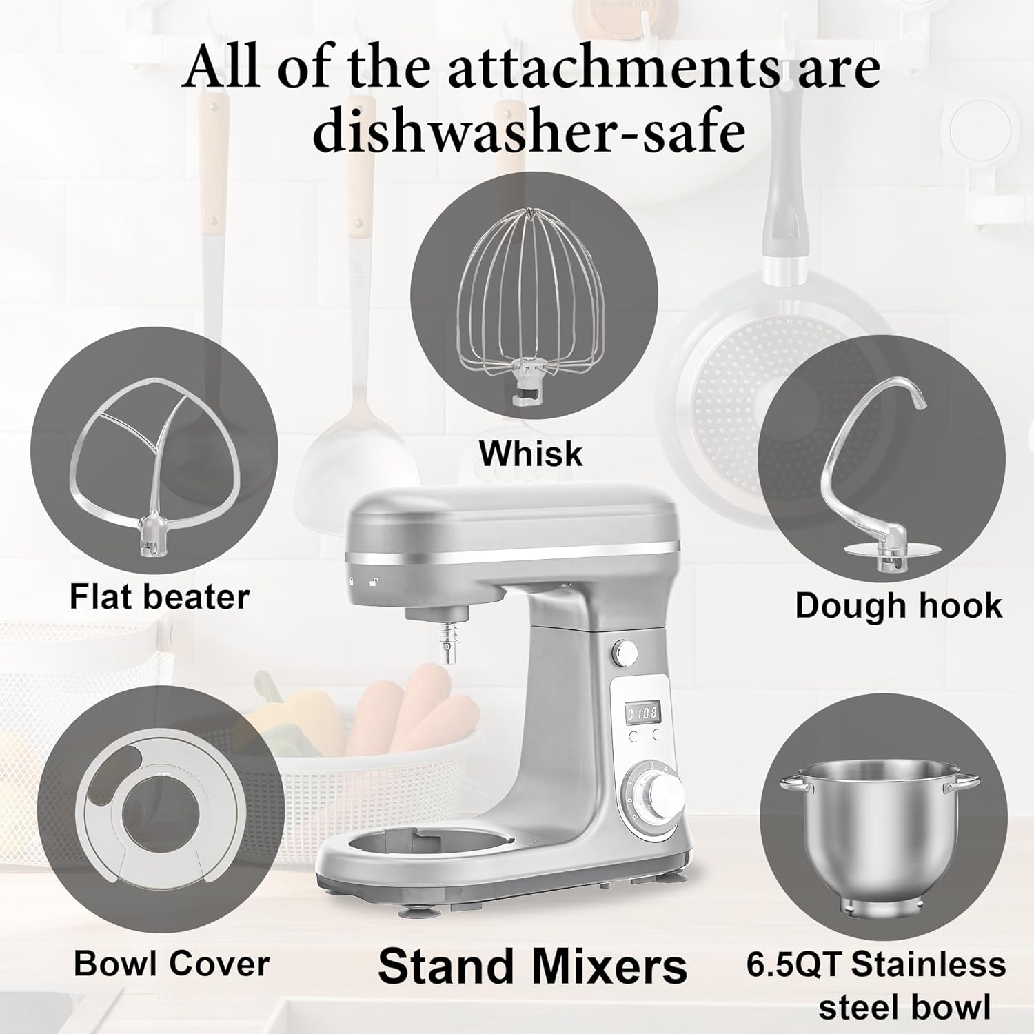 Biolomix Batidora eléctrica de pie para cocina, batidora de alimentos de 6 velocidades con tazón de acero inoxidable de 6.5 cuartos de galón, gancho