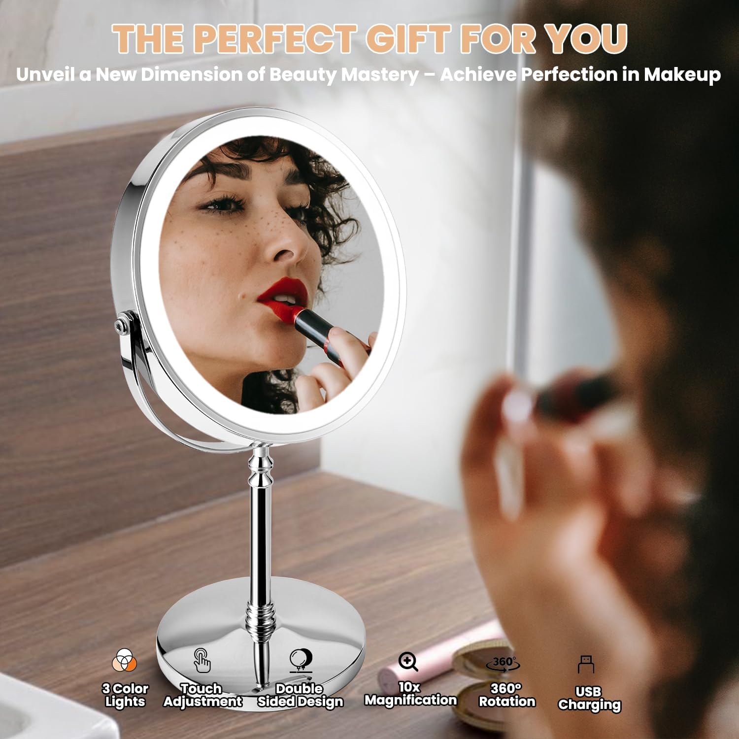 VERSAINSECT – Espejo de maquillaje con luces LED, pantalla táctil regulable con iluminación de 3 colores, espejo de maquillaje ajustable con brillo