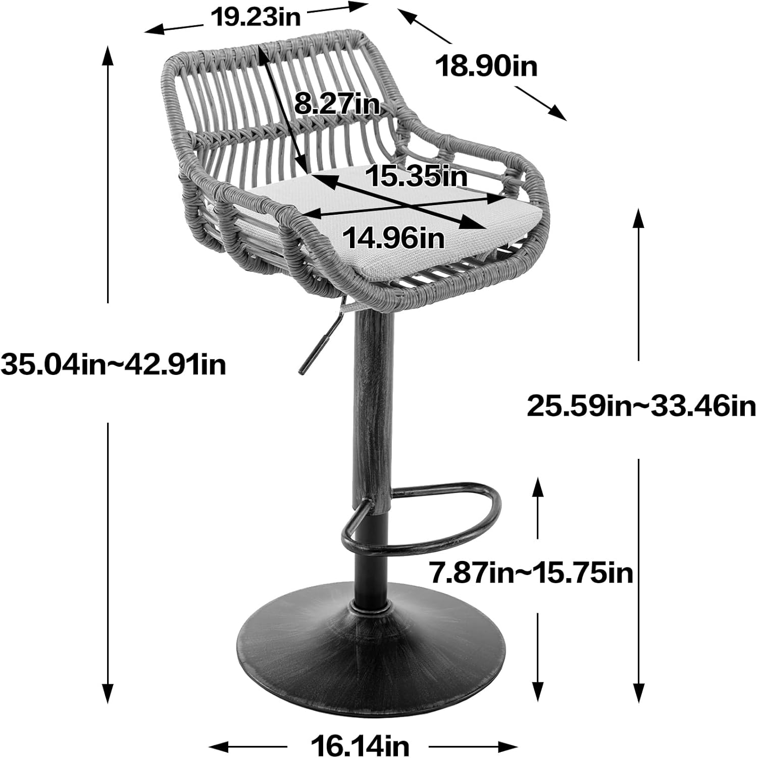 HomSof Juego de 2 taburetes giratorios de ratán de altura de mostrador ajustable con reposapiés para cocina, comedor