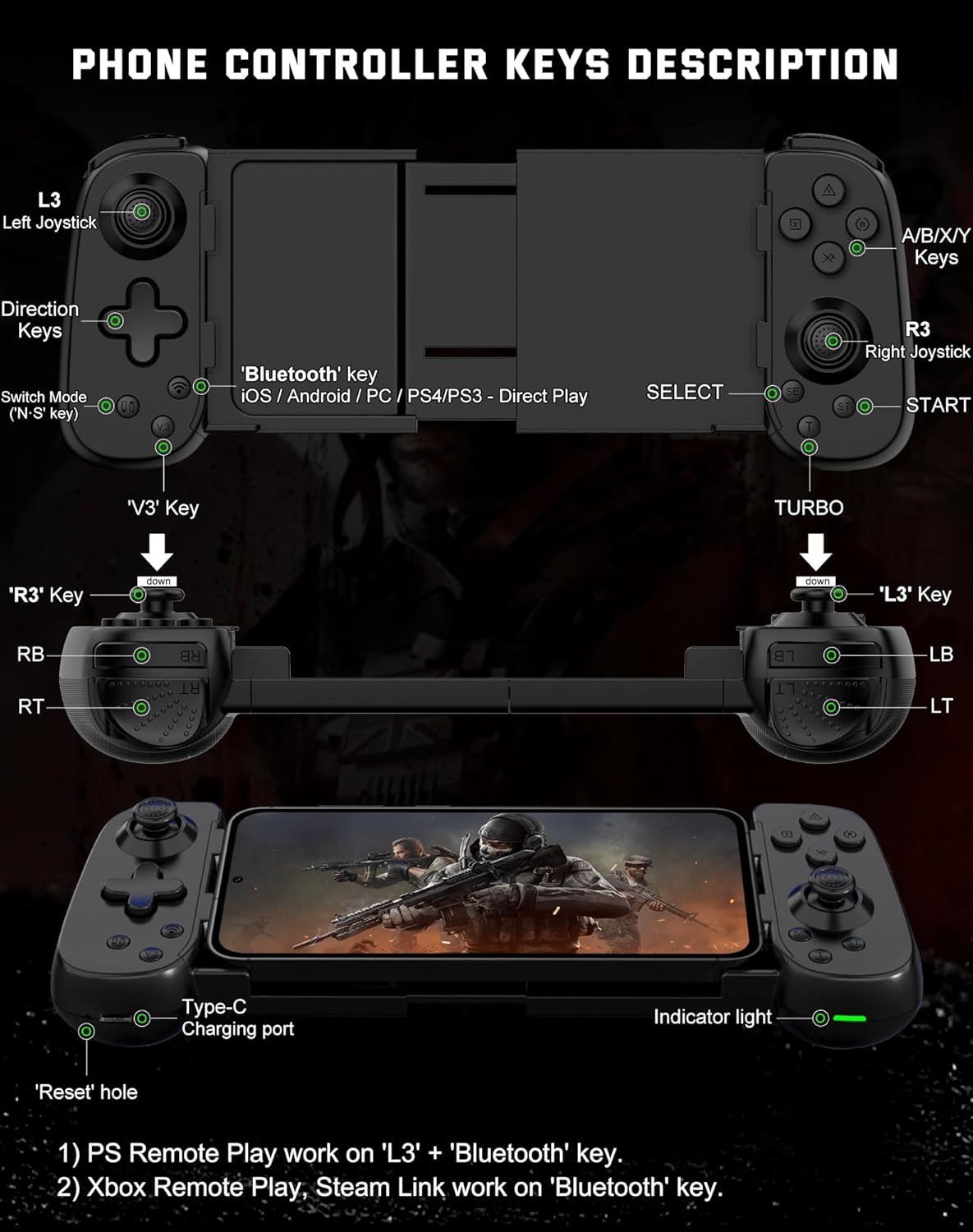 Joso Phone Controller for iPhoneAndroidPC, D6 Wireless Game Controller for SwitchPS3PS4 with Hall JoystickTurbo6-Axis GyroDual Motor, iOS Android