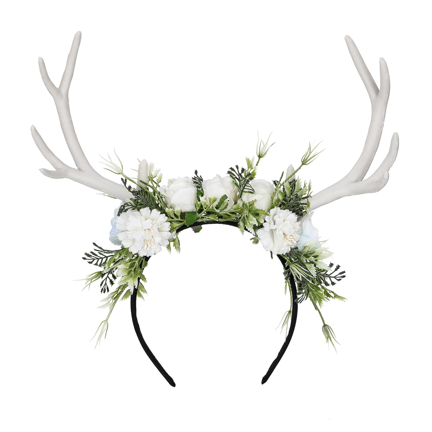 MOSTORY Diadema hecha a mano con cuernos de flores blancas  Diadema de renos del bosque, diadema floral de bosque con cuernos de ciervo para el