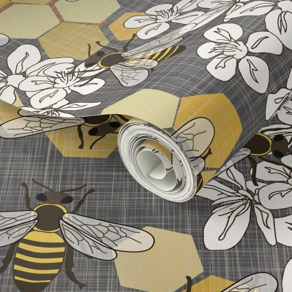 Spoonflower Papel tapiz autoadhesivo de 3 x 2 pies – Blanco Floral Naturaleza Insectos Amarillos Modernos Abejas Miel Gris Papel pintado extraíble