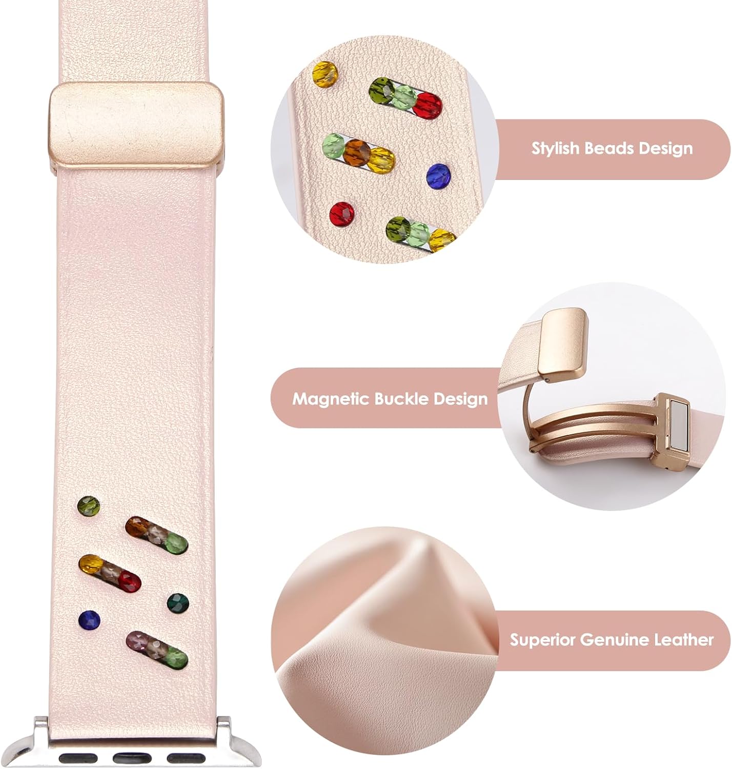 Correas de cuero compatibles con Apple Watch de 1.614 in, 1.575 in, 1.496 in, 1.772 in, 1.732 in, 1.654 in, 1.929 in, hebilla magnética, joyería