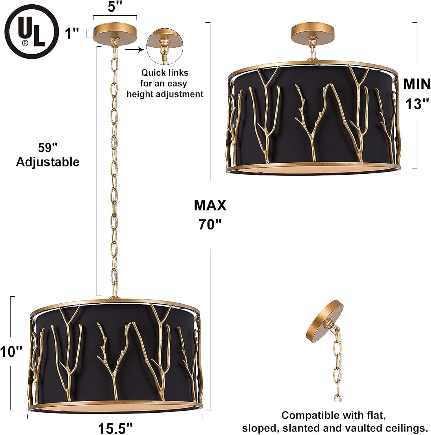 Durent Lighting Lámpara colgante de tambor de 4 luces con pantalla de tela negra y marco de cobre antiguo, lámpara redonda de 15.5 pulgadas con