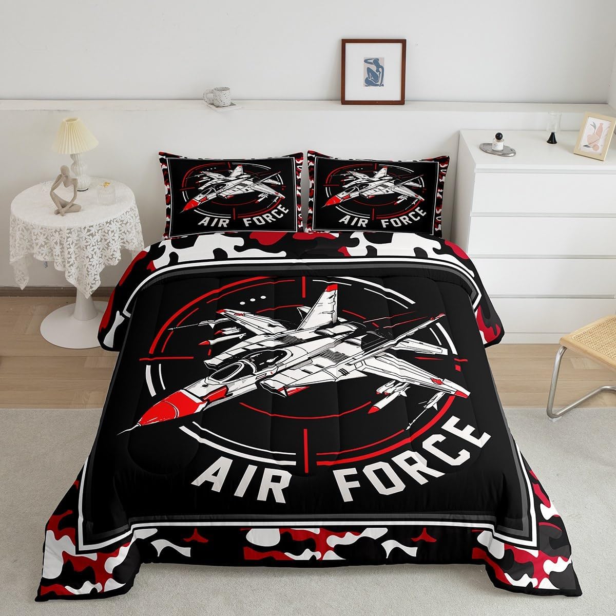 ZZRS2779ZMD-BZ_USF – Juego de edredón de tamaño matrimonial, ropa de cama de 3 piezas con diseño de camuflaje militar, rojo y negro para niños,