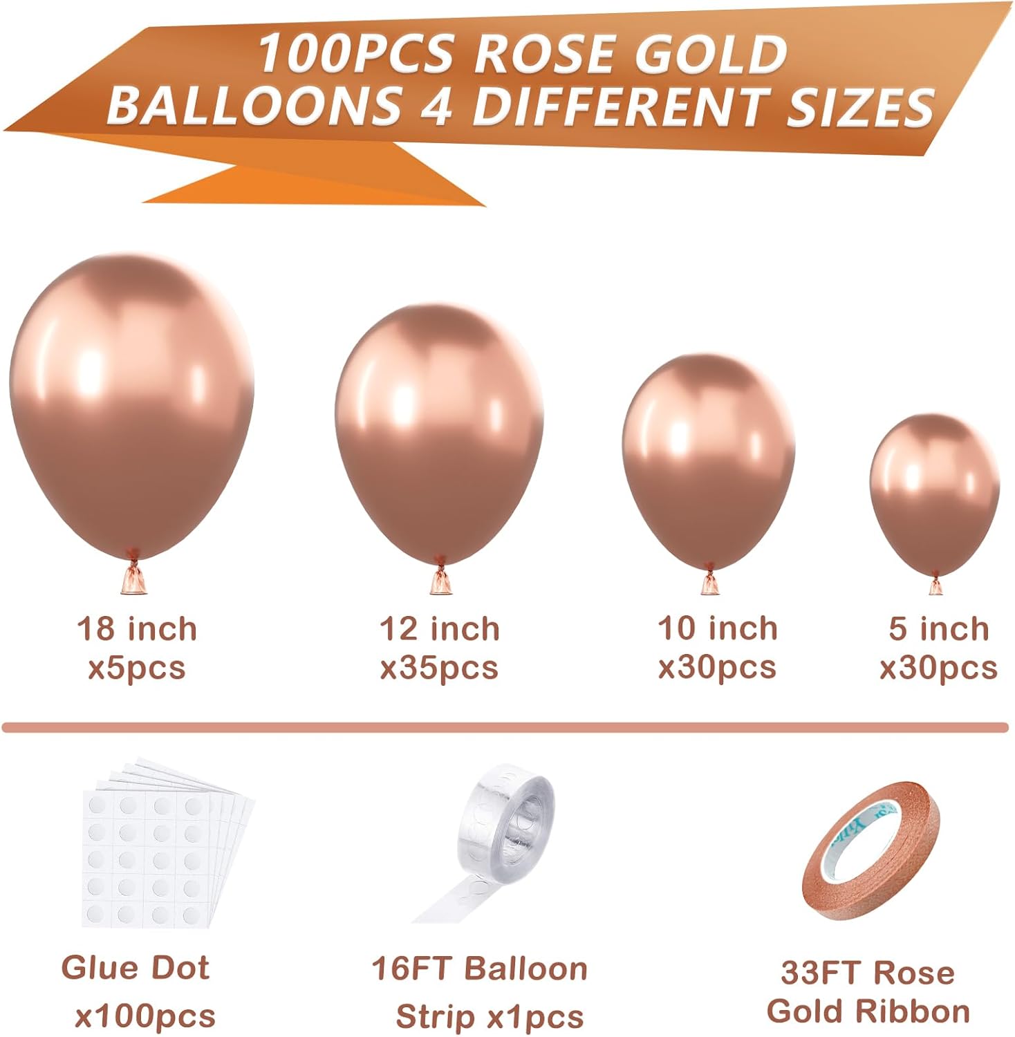 YAOWKY Kit de arco de guirnalda de globos de oro rosa, 100 globos metálicos de látex de oro rosa de 18, 12, 10 y 5 pulgadas, diferentes tamaños para
