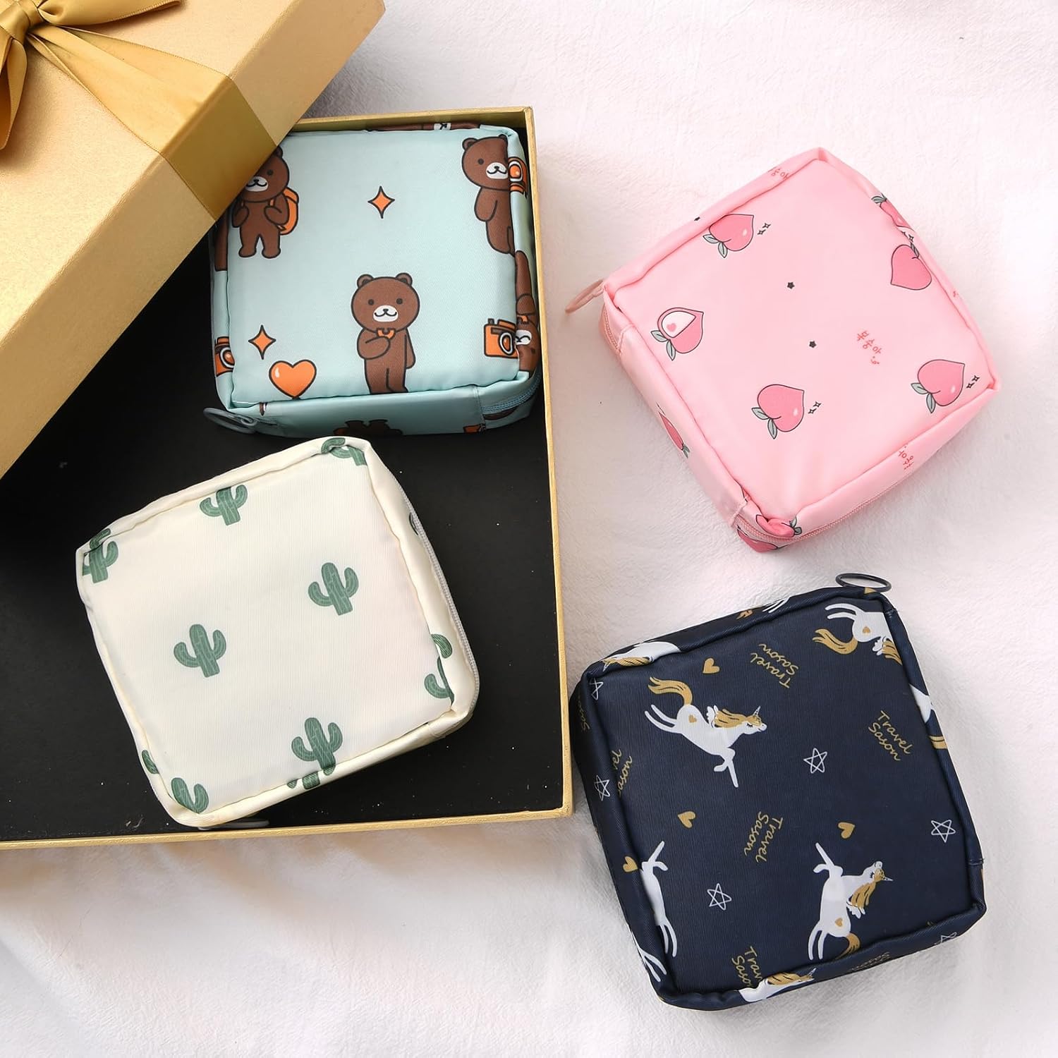 4 bolsas de período, bolsa de almacenamiento de almohadilla sanitaria, bolsa de período pequeño para bolso, bolsa de período menstrual, soporte para