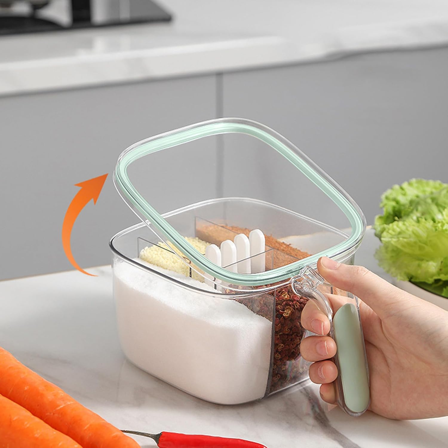 TOPINCN Caja de condimentos de 4 compartimentos con 4 cucharas de servir y tapa, caja de condimentos transparente para ventana, caja de