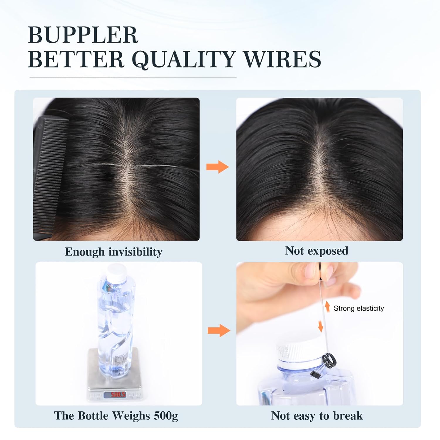 Extensiones de cabello con alambre invisible con 4 clips seguros, extensiones de cabello negro natural de 20 pulgadas con alambre transparente
