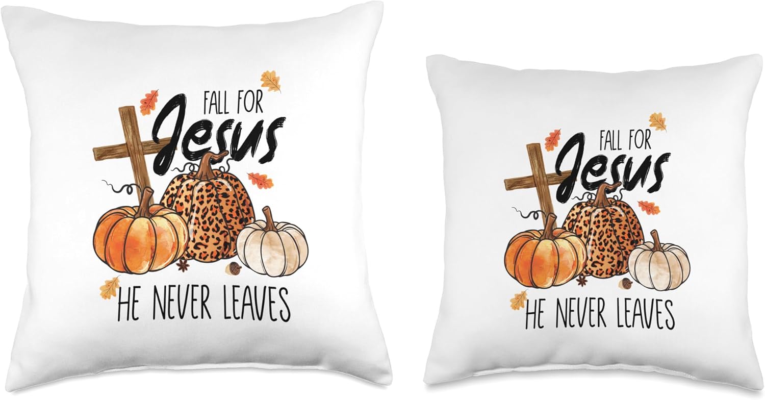 Faith Threads Merch Fall for Jesus He Never Leaves Christian Faith Graphic Throw Pillow, 18×18, Multicolor