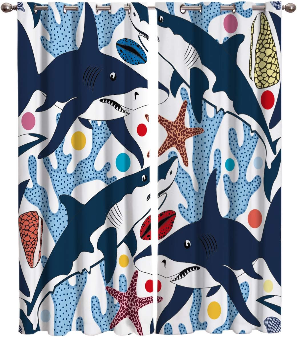 FortuneHouse Blackout Curtains Thermal Insulated Cartoon Sea Animal Blue Shark Solid Pattern Metal Grommet Elegant Room Drapes Window Curtain for