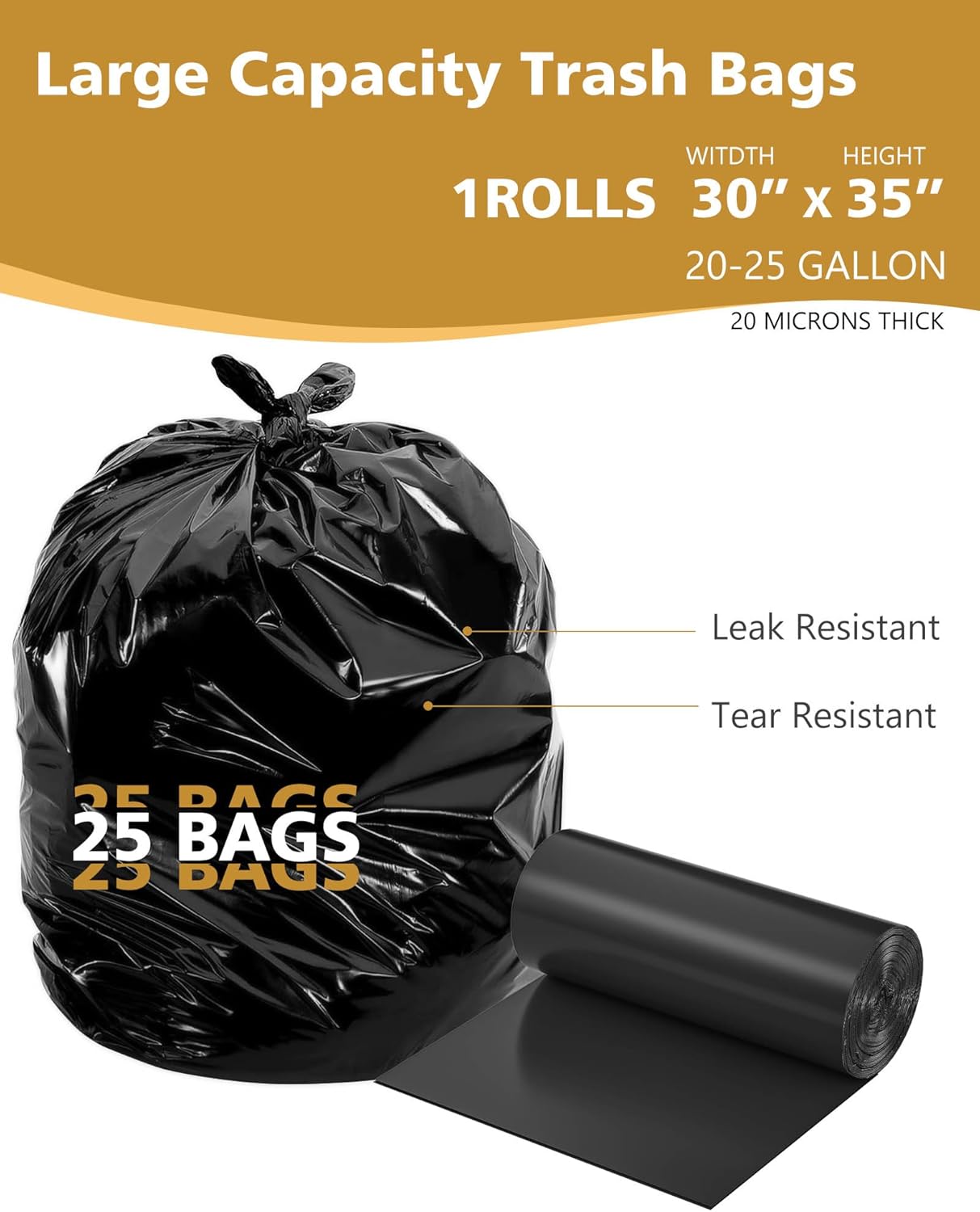 AYOTEE – Bolsas de basura grandes de 20 galones de color negro, de 30 x 35 pulgadas, de 20 galones de alto, con lazos, bolsas de basura de plástico