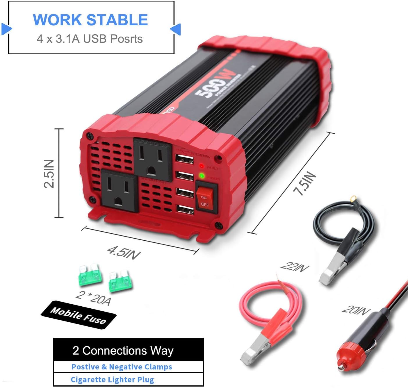 BYGD Inversor de corriente de automóvil de 500 W convertidor de corriente continua de 12 V a 110 V doble toma de corriente con 31 A 4 puertos USB - Imagen 4