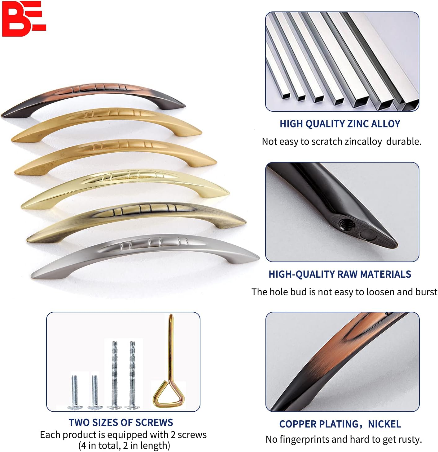 BE Paquete de 10 tiradores arqueados de aleación de zinc para gabinete, tiradores para cajones, puertas de gabinete de cocina, baño, tocador
