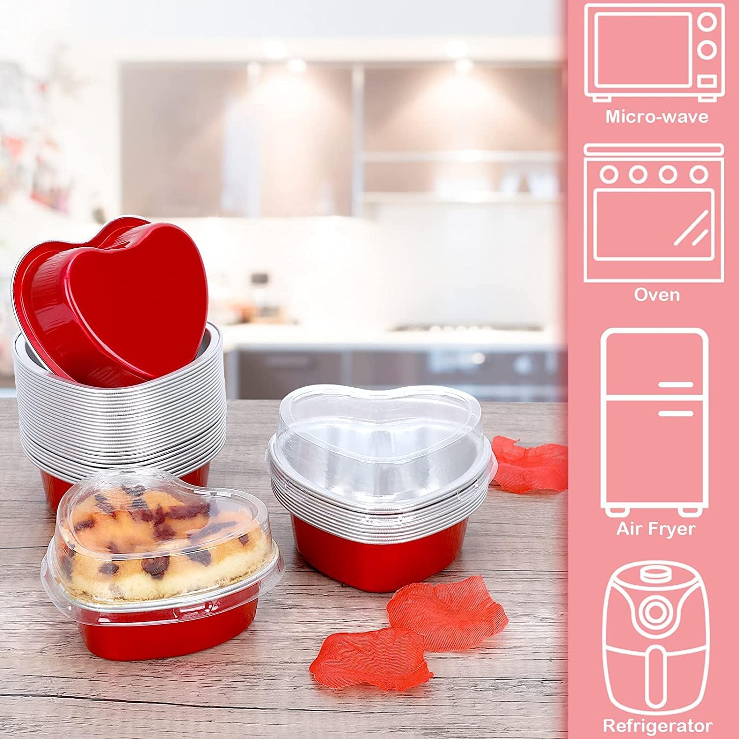 Moldes para pasteles en forma de corazón, paquete de 60 mini tazas de aluminio rojas de 3.4 onzas para hornear con tapas, cucharas, moldes
