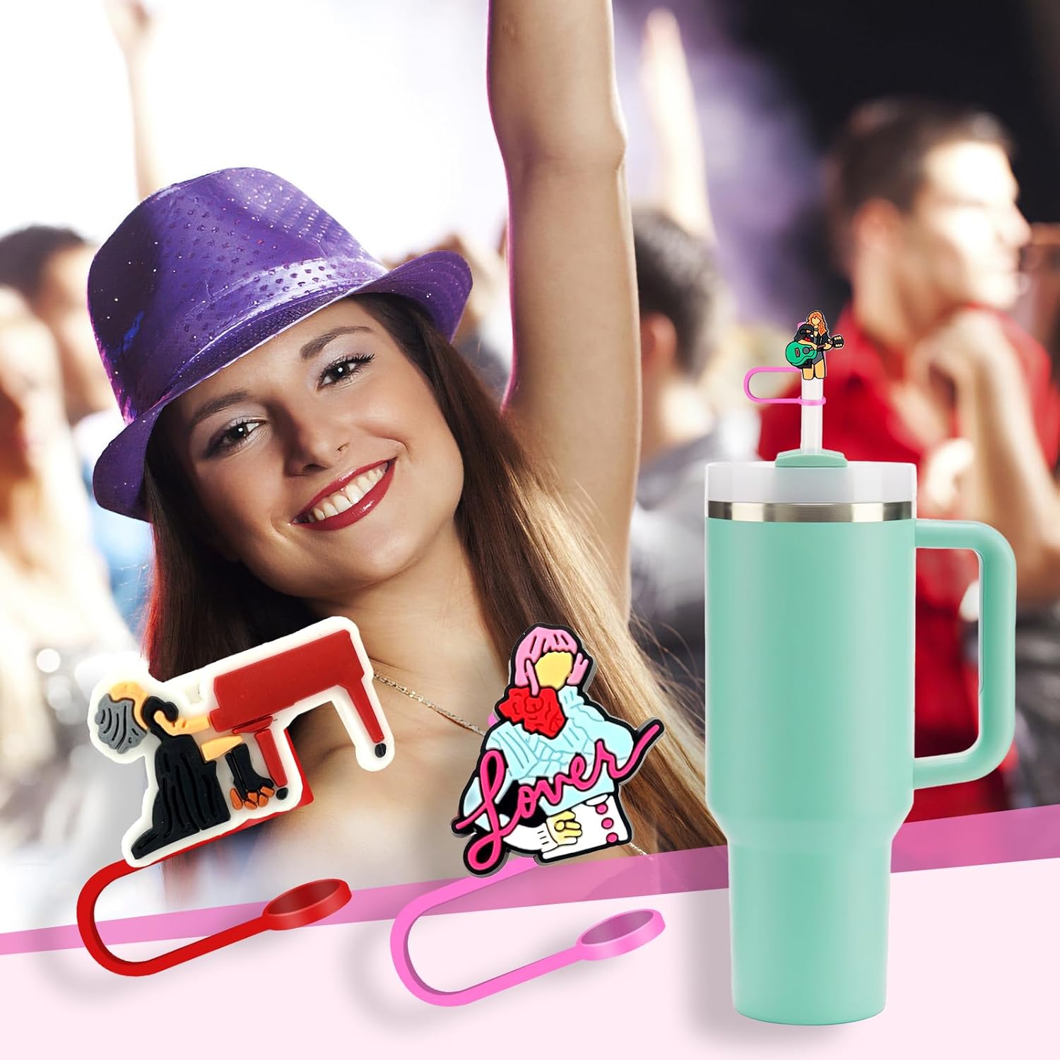 10 vasos con popote para vaso o vaso con diseño popular de cantante de 0.394 pulgadas, protectores reutilizables con puntas de popote para