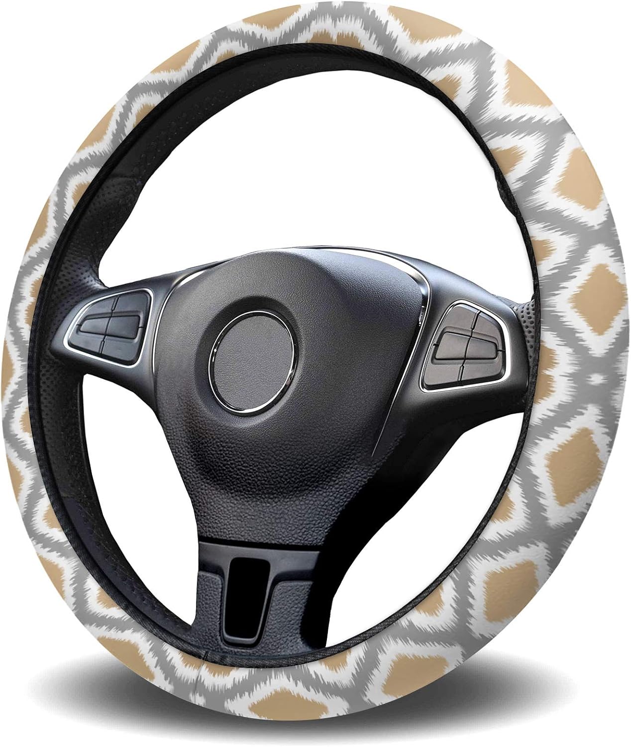 Car Steering Wheel Cover, Beige Gray Ethnic Boho Ikat Pattern Elastic Stretch Sponge Steering Wheels Protective Cover for Vehicles Trucks SUVs