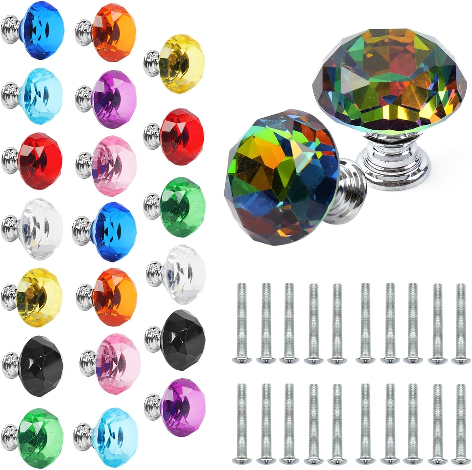 Paquete de 22 pomos de cristal coloridos para cajones, pomos de cristal de 1.18 pulgadas con forma de diamante para armario, cocina, baño, armario