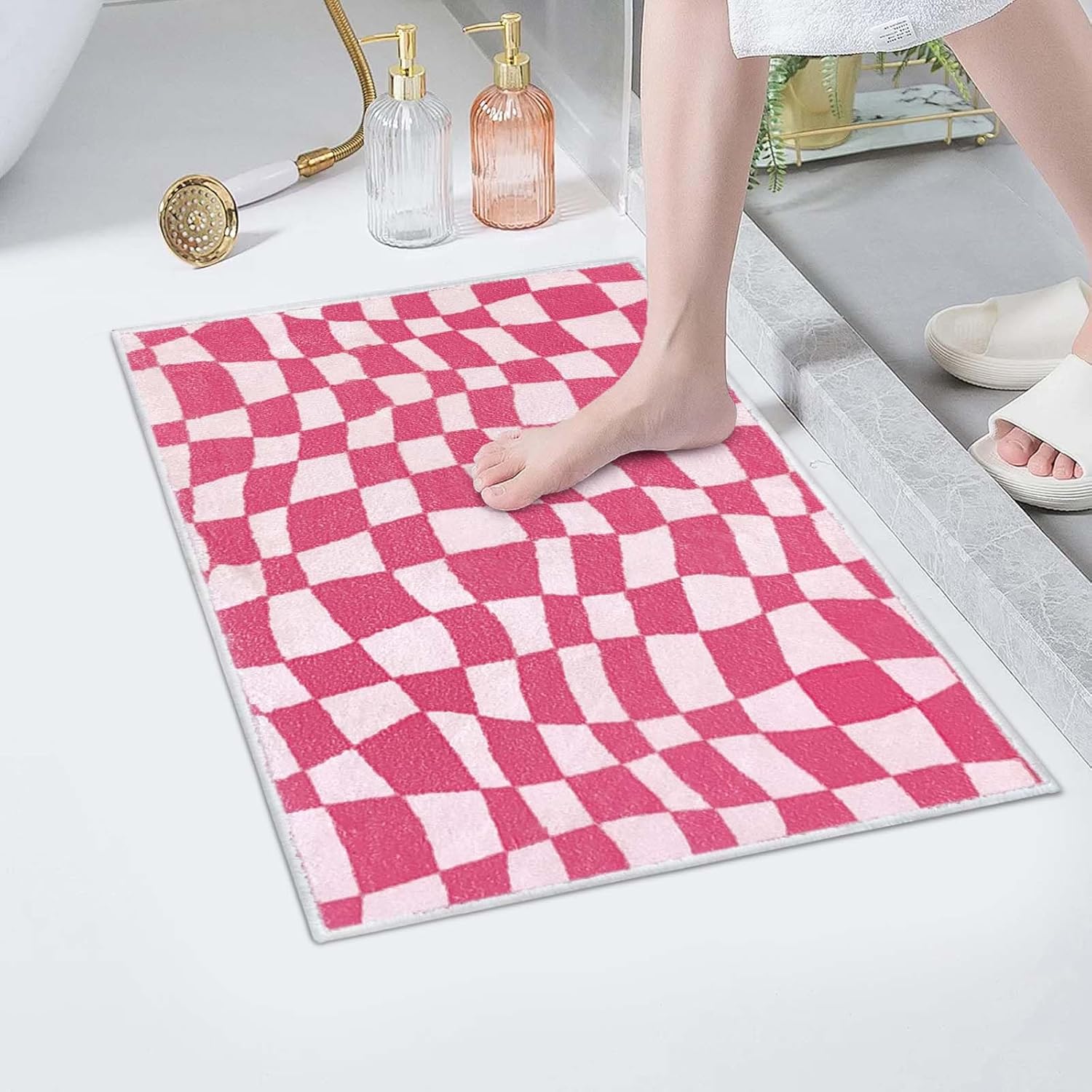 BOAZZ Alfombra de baño rosa Preppy Decoración de habitación (a cuadros)
