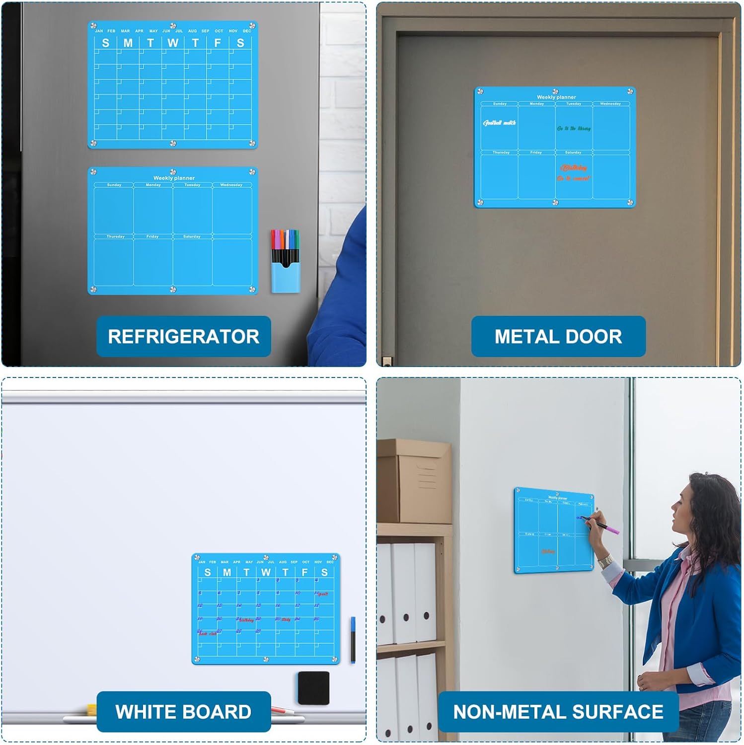 Yeaqee Calendario mensual y semanal magnético acrílico para refrigerador, 2 piezas, tablero planificador reutilizable para refrigerador, incluye 6
