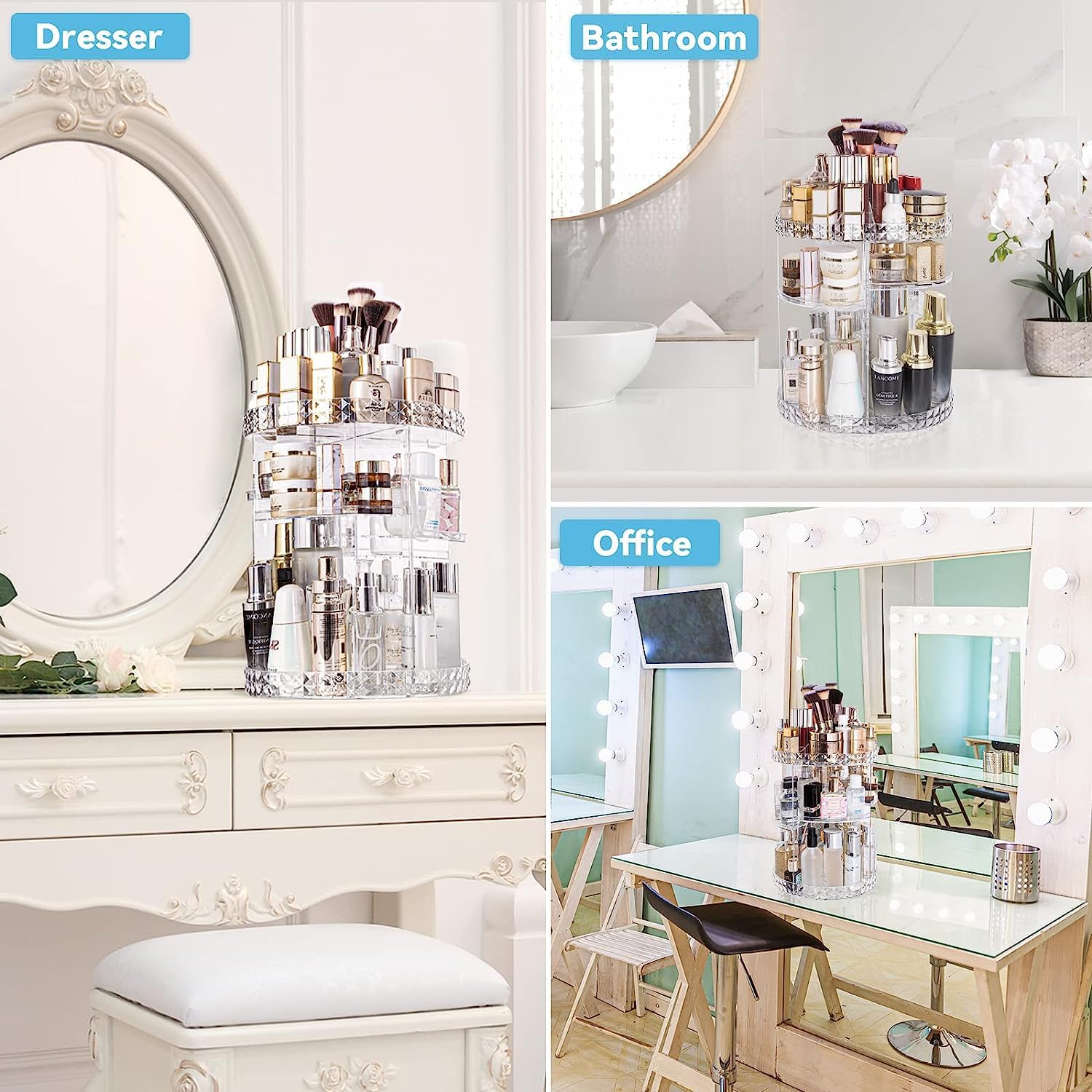 ZHIAI Organizador de maquillaje giratorio de 360, organizador de cosméticos de gran capacidad para soporte de perfume, organizador de encimera,